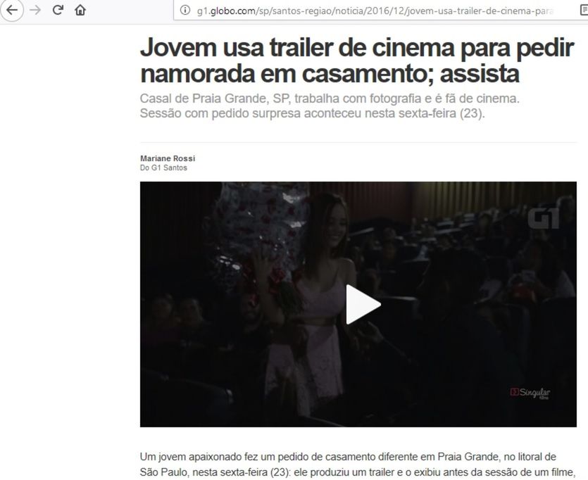 Foto Entrevista no G1 - Pedido de casamento no cinema Foto Entrevista no G1 - Pedido de casamento no cinema - Imagem 0
